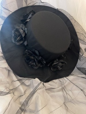 Black Wide Brim Floral Veil Hat - Gothic Steampunk Victorian  display picture 3