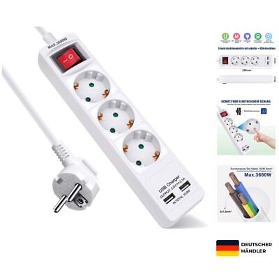 3 Fach Steckdosenleiste mit USB, Kindersicherung, 1,5m Kabel, Weiß