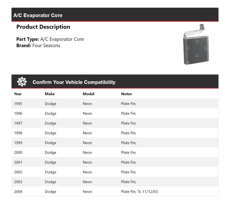 Para Dodge 1995-2004 Neon A/C Evaporador Núcleo 4 Temporadas 1996 1997 1998 1999 2000 Foto 2 de 4