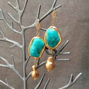 Authentic Blue Turquoise Freeform Shape Gold Plated Brushed Bead Dangle Hook Earrings