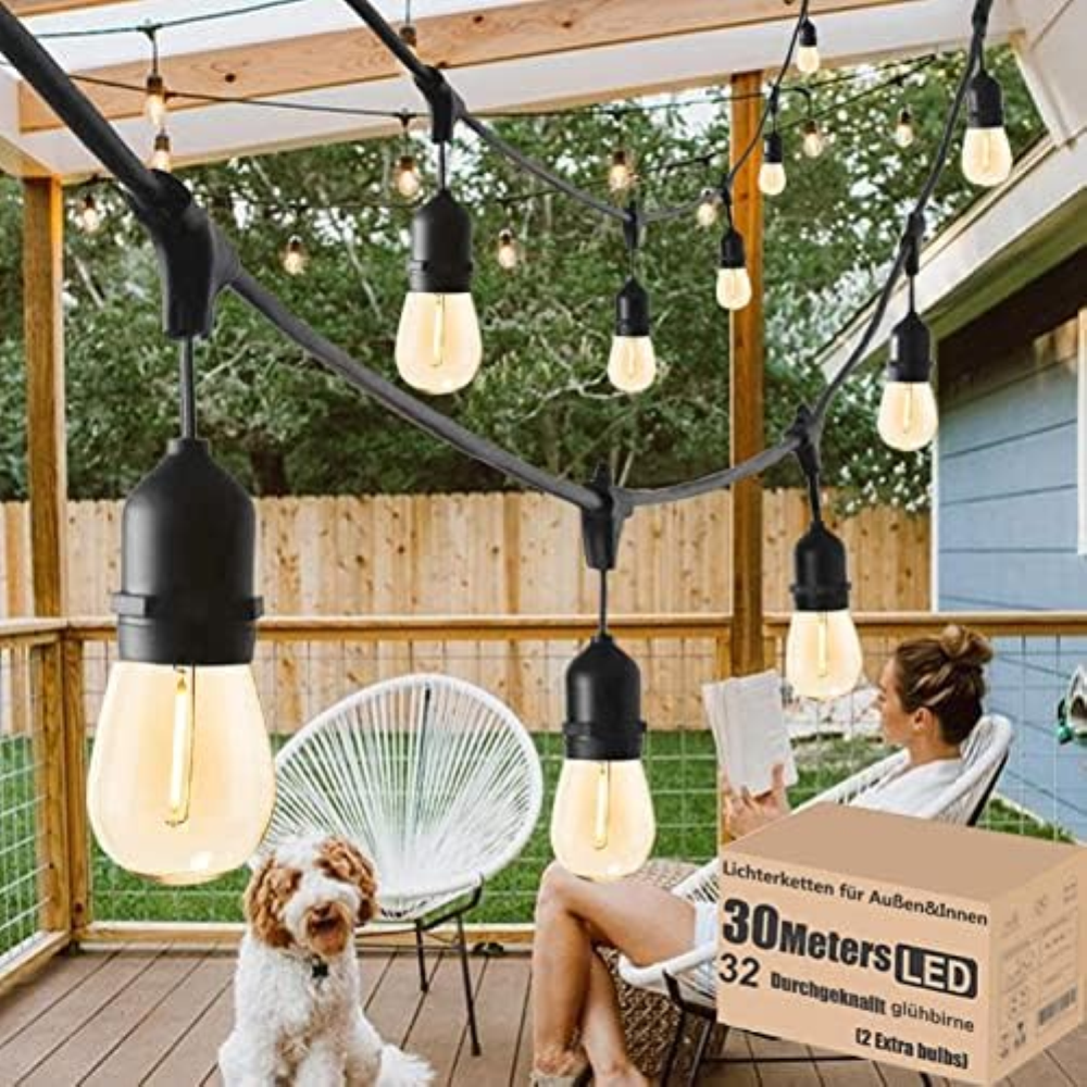 Catena luminosa per esterni, 30 m, ST45 LED, per esterni, luce bianca calda, 270
