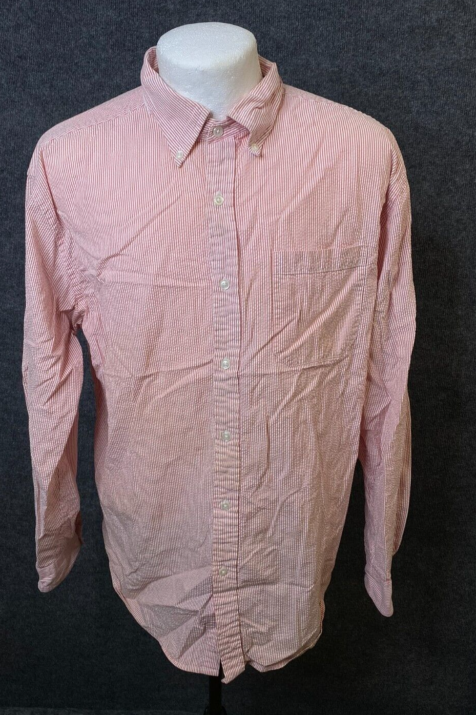 Men's LL Bean Large Pink & White Striped Casual Button-Down Shirt