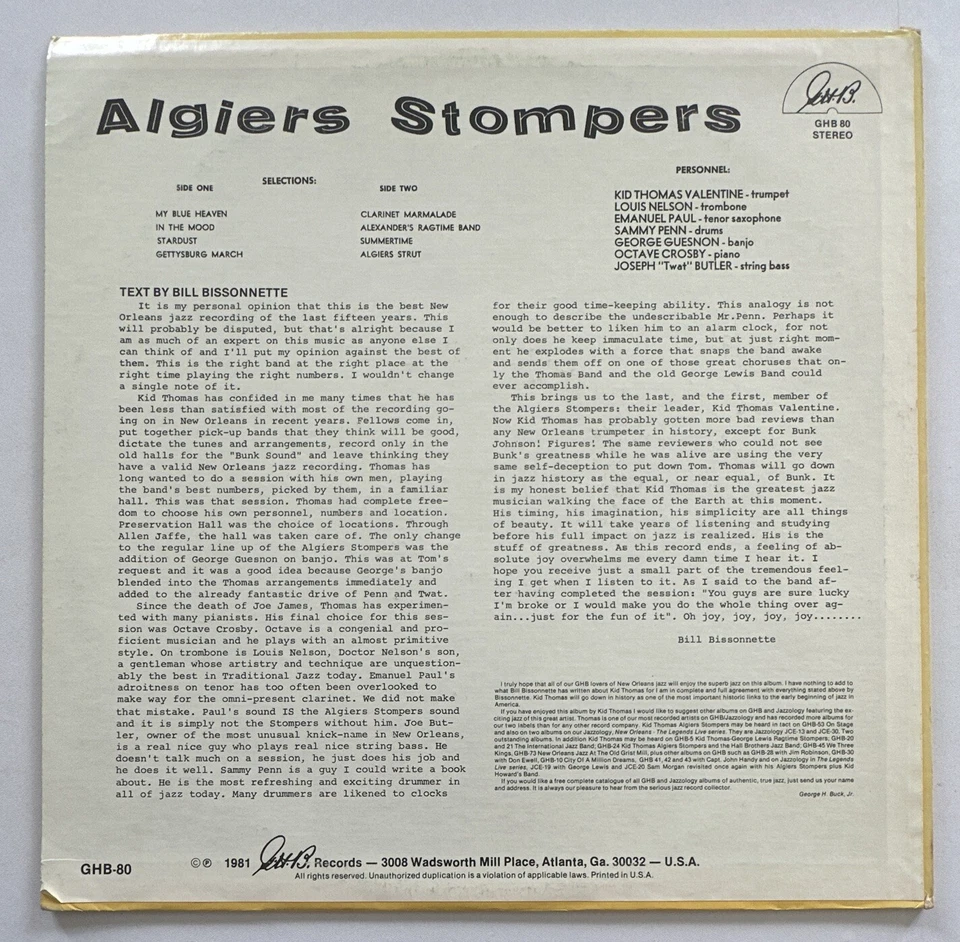 Kid Thomas And His Algiers Stompers Jazz Lp Vinyl Record Ex / Vg+ Condition - Image 3 of 4