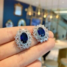 3Ct Oval Cut Lab Created Blue Sapphire Halo Stud Earrings 14K White Gold Plated