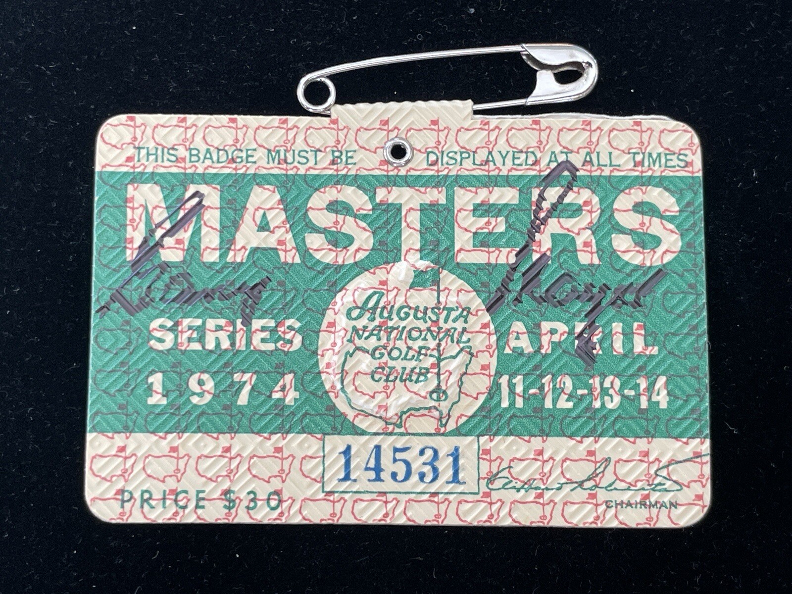 Gary Player Autographed Signed 1974 Masters Badge JSA COA Golf Champion Ticket South Africa 