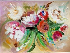 14" in Oil Painting Floral ORIGINAL Art Flower Peonies Textured Impasto Signed