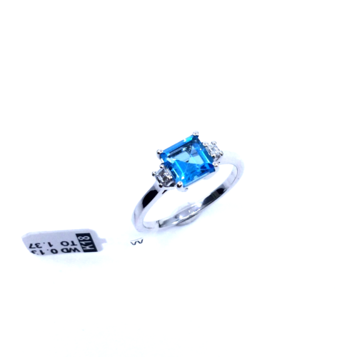 Women's Ring Solid 18k White Gold Square Blue Topaz Square White Diamonds - Afbeelding 1 van 7