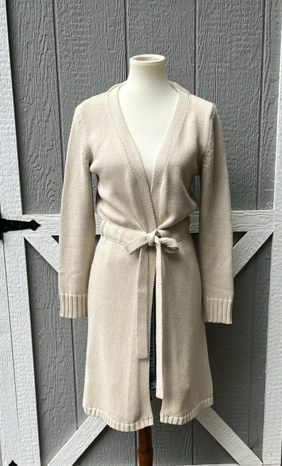 525 America Cream 100% Cotton Long Knit Open Front Sweater Coat Tie Waist Size S