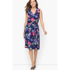 Talbots Navy Blue Floral Midi Dress Womens 14 Excellent Ruffle V-Neck Belted