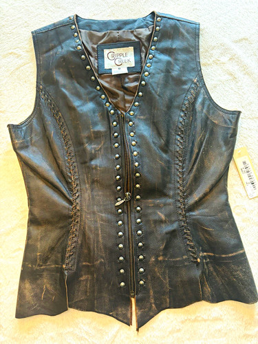 Cripple Creek Women's Brown Leather Studded Zip Front Lined Western Vest M