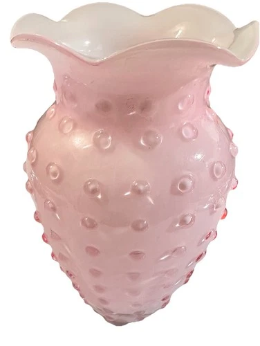 VINTAGE VICTORIAN VENETIAN FENTON HOBNAIL PINK WHITE CASED GLASS VASE RUFFLED 7"