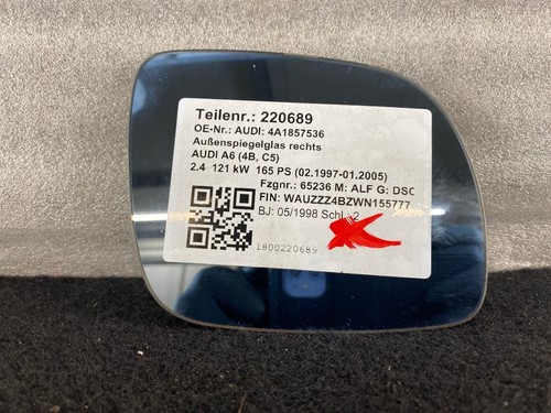 220689 Außenspiegelglas rechts AUDI A6 (4B, C5) 4B1857536C 2.4
