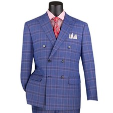 BIG  TALL Men's Blue Glen Plaid Stretch Double Breasted Modern Fit Suit NEW