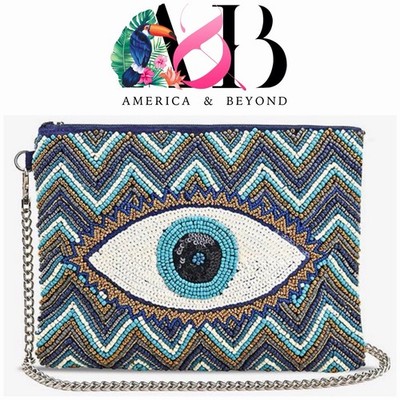 America & Beyond Evil Eye Beaded Convertible Clutch Crossbody Blue Gold Boho