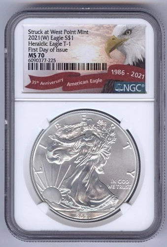 2021(W) Silver American Eagle Heraldic T-1 + MS70 + NGC + Struck at West Point