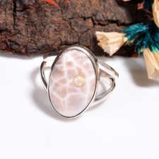 Natural Pink Larimar Ring Natrolite 925 Sterling Silver Statement Boho Rings