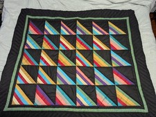 Reversable Amish Bars Handmade Quilt 41 X48 Black Colorful Flowers Hand Sewn