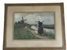 Augustus W. Buhler Original Watercolor Painting Signed - Windmills & Dutch Woman