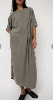 Black Crane Womans M Dress Stone Gray Oversized Lagenlook Greek Pocket Cinched 