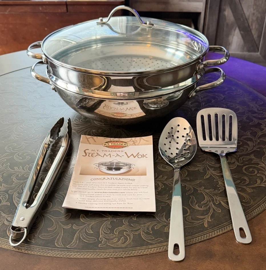 H.T. Traders Steam-A-Wok Stainless Steel 6-Pc Set Wok Steamer Lid & Tools NWOB
Opens in a new window