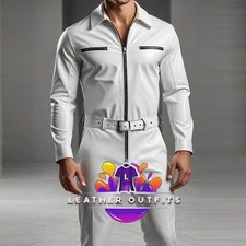 MEN'S GENUINE SHEEP LEATHER WHITE CATSUIT FRONT ZIPPER OVERALL BODYSUIT JUMPSUIT