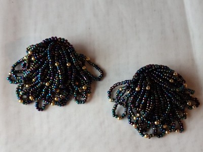 **Vintage Carnival Glass Beaded Earrings Clip On Style 2.5''  #K