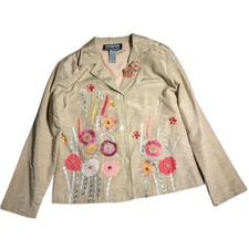 Vtg Y2K Indigo Moon Beige Floral Embroidered Embellished Blazer Jacket Sz S
