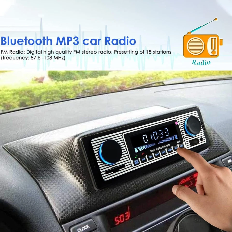 Single Din Bluetooth Vintage Car Stereo FM Radio USB Audio Receiver MP3 Player - Image 2 of 4
