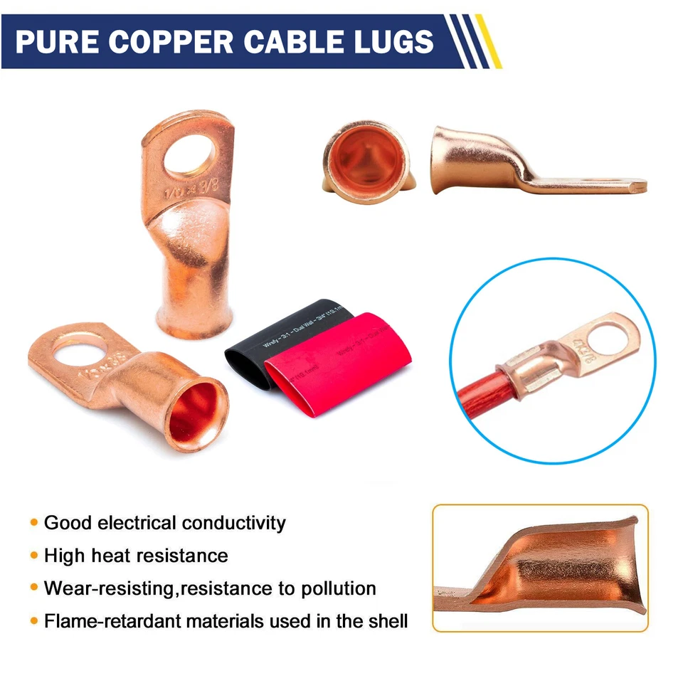 10/30Pcs Battery Lugs Copper Ring Terminal Cable Ends Wire Connectors 1/0 - 8AWG - Image 4 of 4