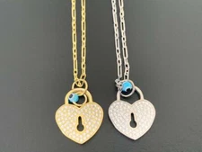 925 Sterling Silver Gold Heart Locket Evil Eye Necklace Mati Cubic Zirconia CZ 