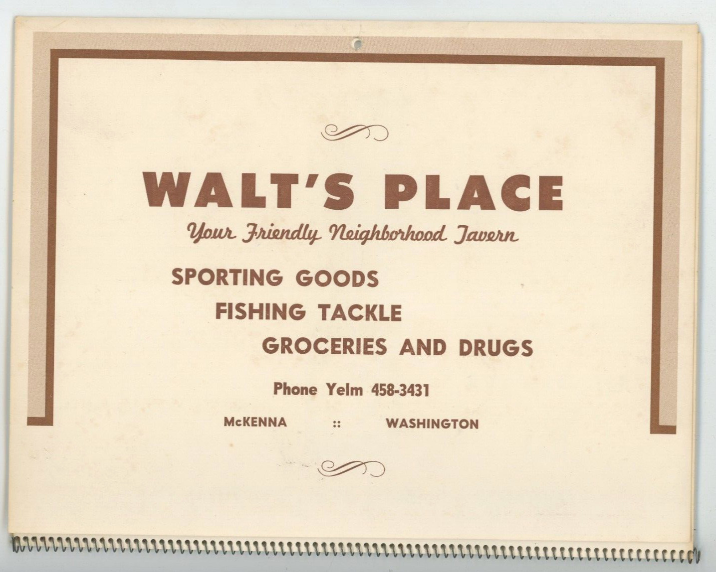 1966 Calendar Walt's Place McKenna Neighborhood Tavern Bar Washington State