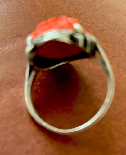 Sterlingsilber Amy Kahn Russell rot geschnitzte Koralle Blumen & Markasiten Ring - Bild 4 von 5