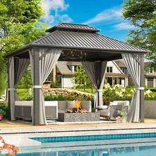 10x12 FT Hardtop Gazebo, Aluminum Frame, Steel Roof, Nettings & Curtains, Gray