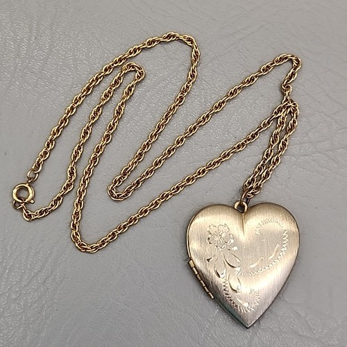 Vintage Heart Locket Necklace Etched Brushed Gold Tone Large Photo 24" - Picture 2 of 16
