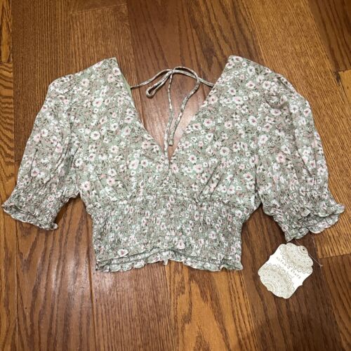 NWT Altar'd State Coquette Whimsical Fairy Green Floral Crop Top Women XS