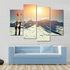 Skis In Snow With Alpine Mountain Sunset 4 Piece Panel Canvas Wall Art Decor