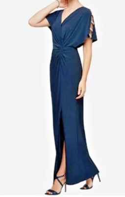 Alex Evenings Women's Long Knot Front Dress with Embellished Short Sleeve 12