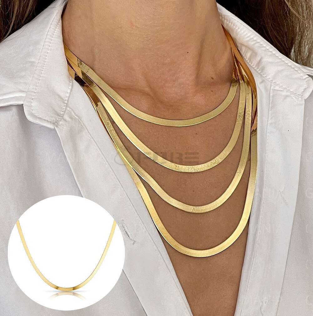Women's Gold Herringbone Necklace 5MM Wide Flat Snake Chain 18ct