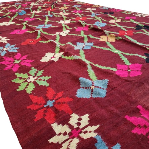Vintage Moroccan Rug Handmade Fringe Maroon Wool Geometric Floral Design Carpet - Picture 9 of 24