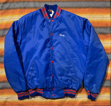 Vintage Bomber Jacket Soccer Canton Blue Nylon "Scott" MADE IN USA Rennoc 80s S