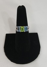 ATI Sterling Silver Ring   Emerald  Cut Amethyst  Blue Topaz   3 stone - Size 7