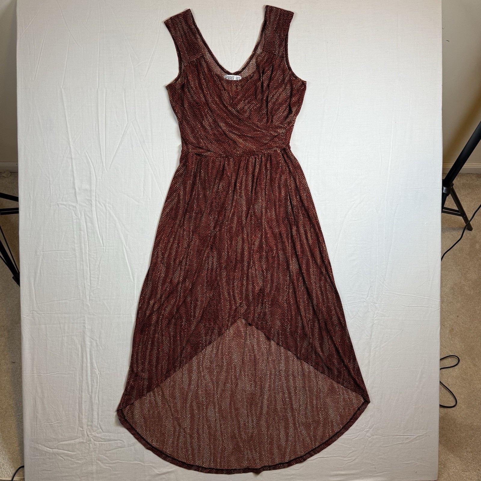 Robbie Bee Stretchy Faux Wrap Hi-Lo Maxi Dress Rust Dot Print Sleeveless Boho L
