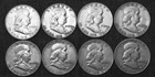 Ben Franklin Silver Half Dollars, 8 coins all dated 1950, 90% silver content