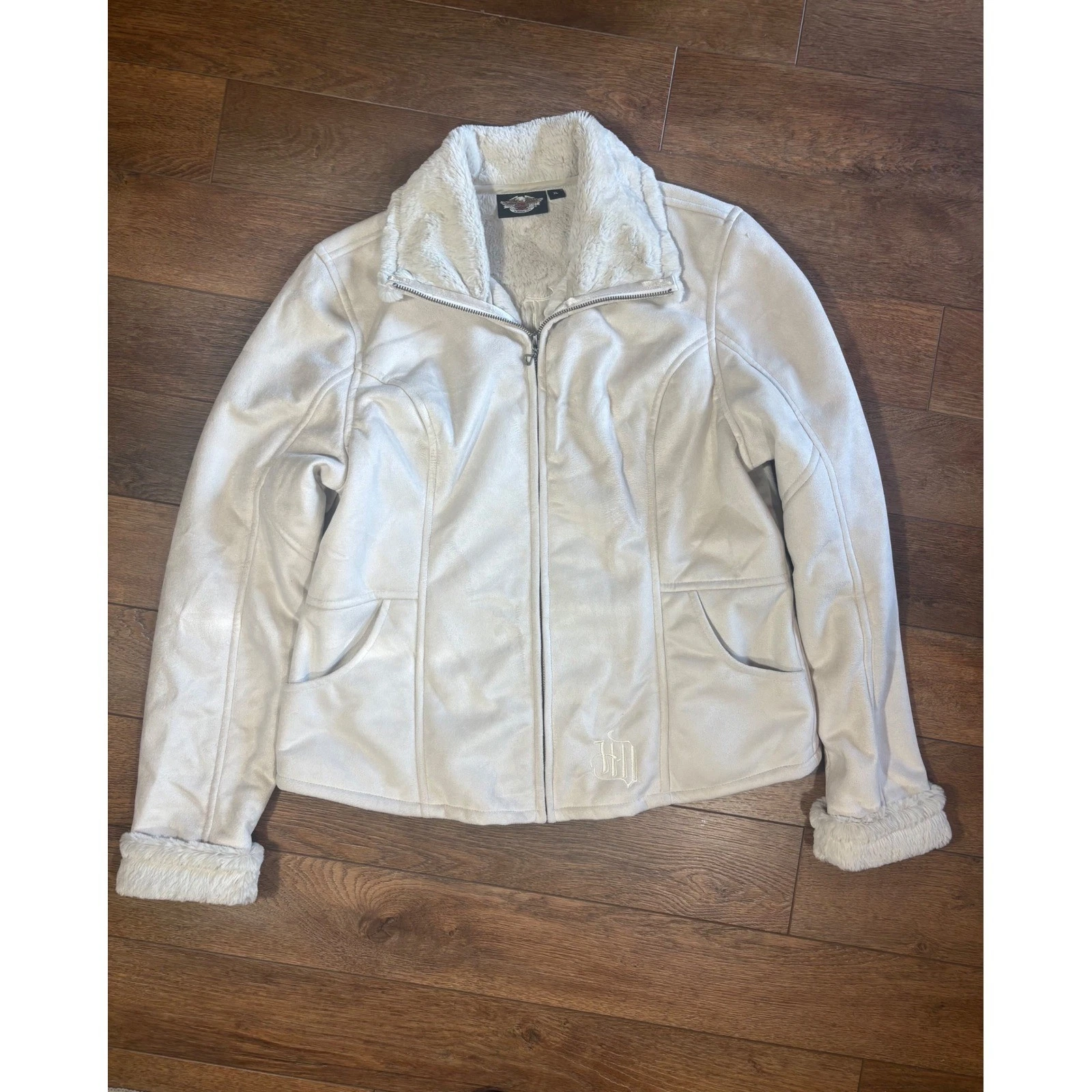 Harley Davidson Womens Sherpa Lined Faux Leather Jacket Cream XL Embroidered