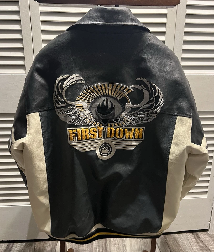 First Down Vintage PVC Casting Leather Varsity Bomber Jacket Men Size XL - Image 4 of 4