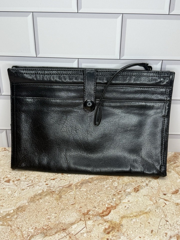 VTG Bottega Veneta Authentic Luxury Black Leather Wristlet Clutch Made in Italy
