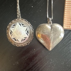 Vintage Silver Heart & Star of David Pendant Necklace Lot Mother of Pearl