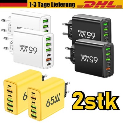 2PCS 6-Fach Schnell Ladegerät Stecker 6 x USB Port 65W Netzteil Adapter Handy