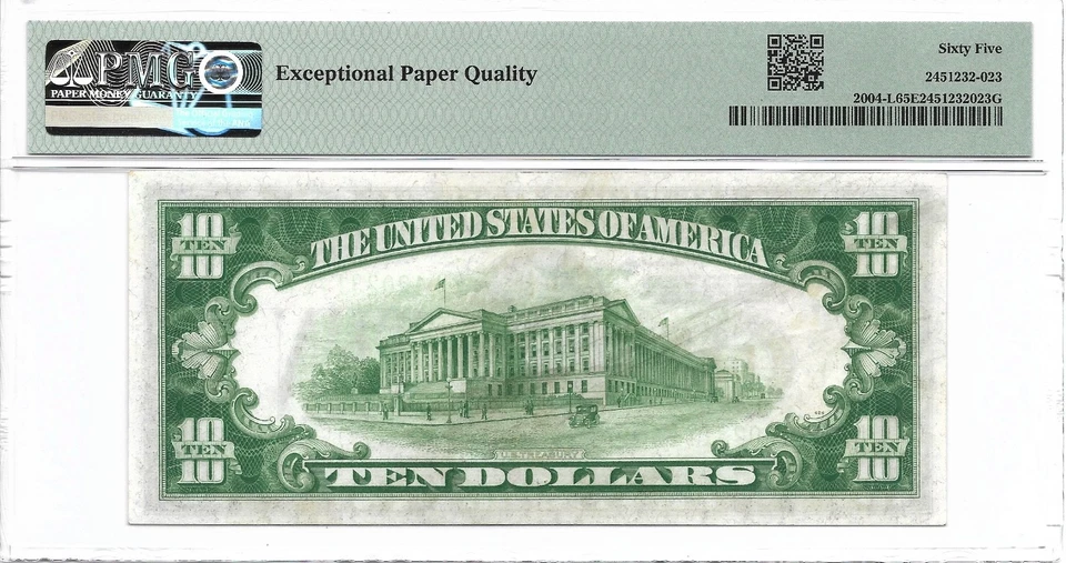 1934 $10 SAN FRANCISCO FRN. PMG GEM Uncirculated 65 EPQ Banknote. Light Green - Image 2 of 2