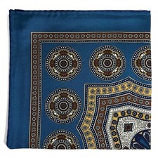 Blue Beige Geometric Silk Pocket Square Handmade in England